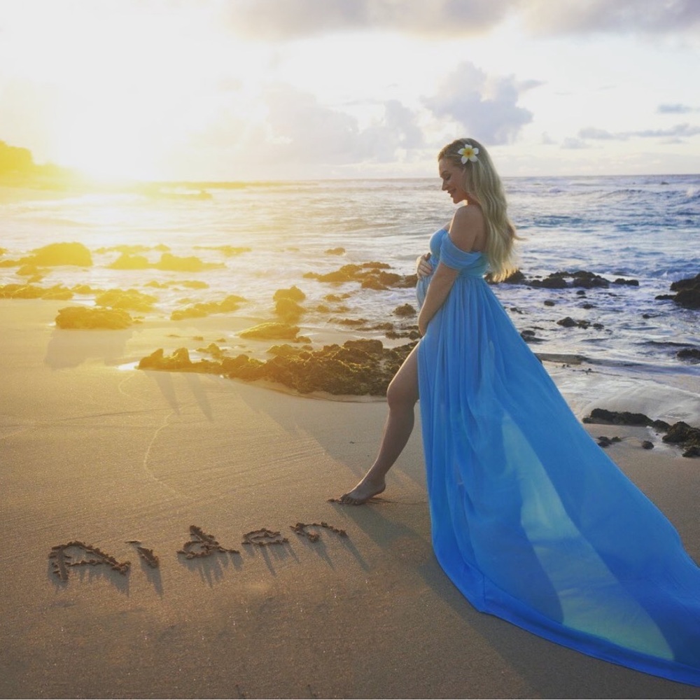 Aqua blue drop sleeve maternity dress